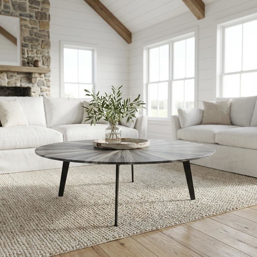 Gray Round Coffee Table with Tempered Glass Top and Metal Tripod Base