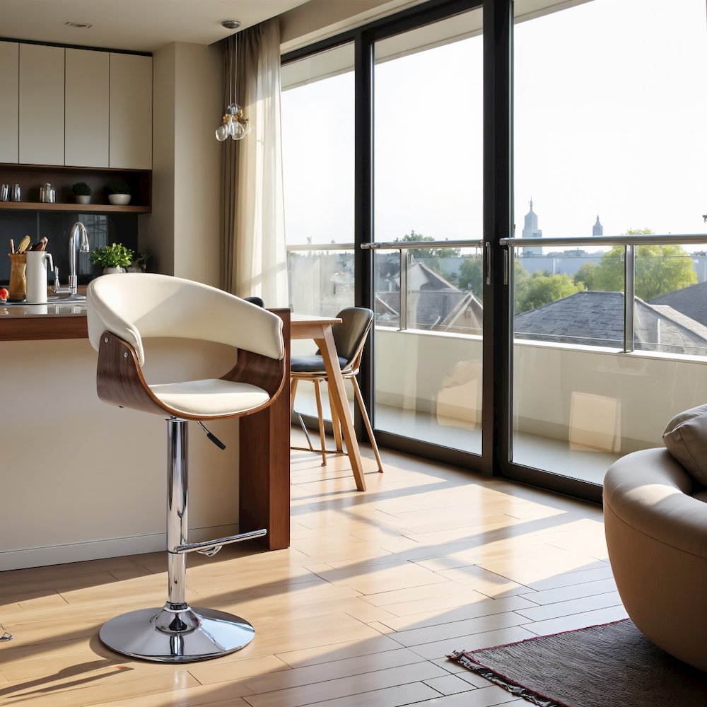 Swivel Bar Stool with Cream Leatherette Seat, Walnut Veneer, and Chrome Base
