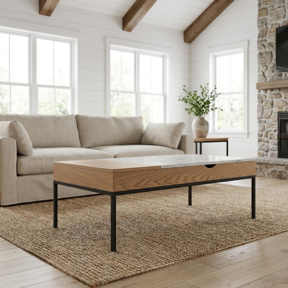 Rectangular Oak Finish Lift-Top Coffee Table with Sintered Stone Top