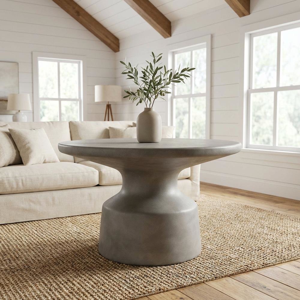 Grey Round Pedestal Coffee Table with Sturdy Concrete Top and Solid Base