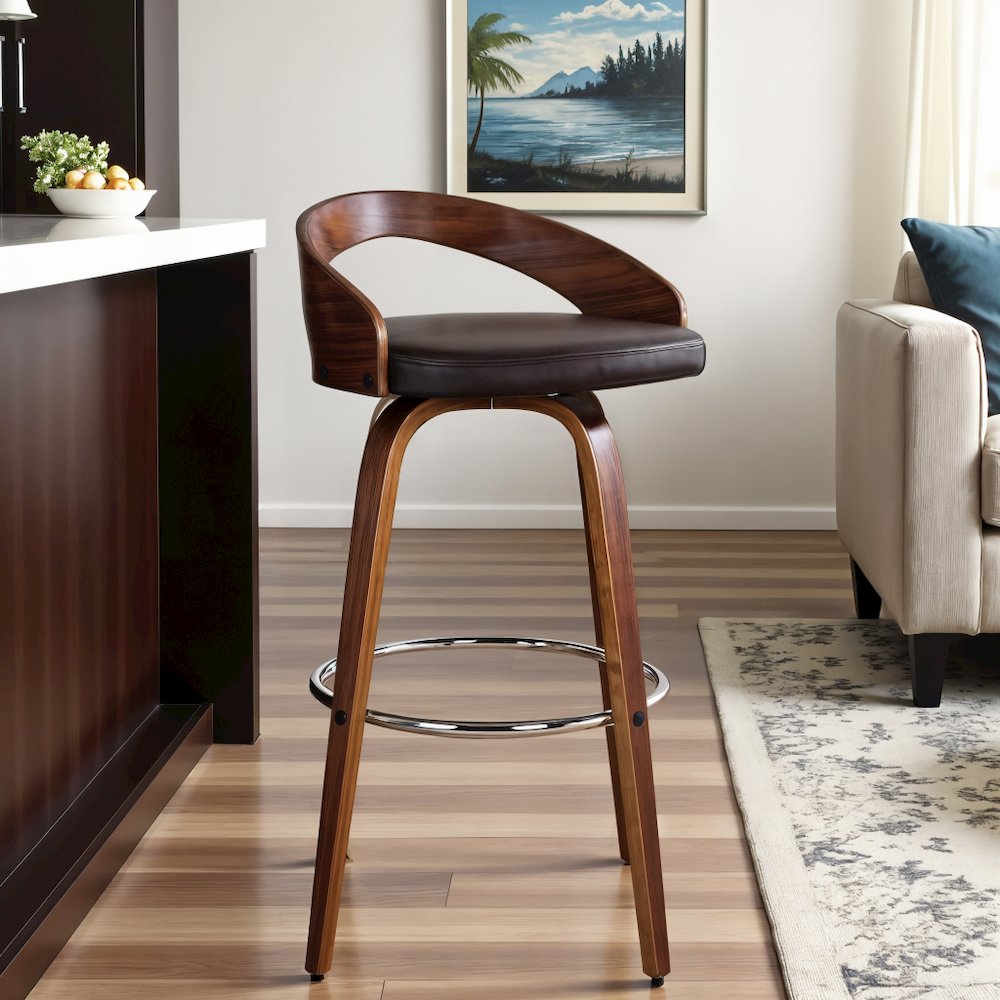 Brown Faux Leather Counter Stool with Walnut Wood and Steel Frame