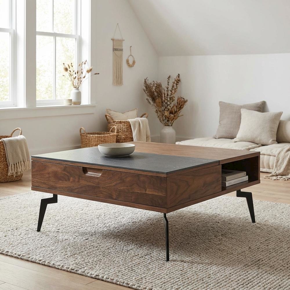Square Lift-Top Coffee Table Walnut Finish with Sintered Stone Panel