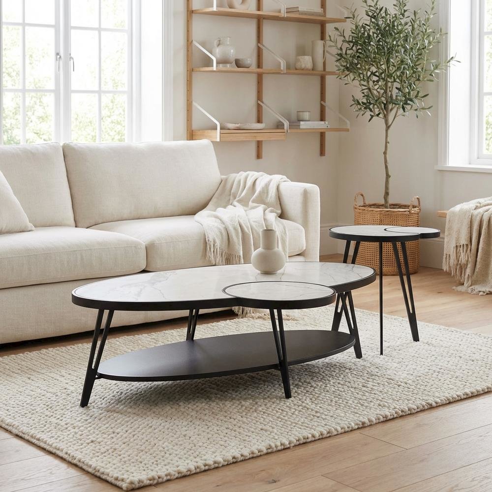 Oval White Coffee Table Set with Sintered Stone Top and Metal Frame, 2-Piece