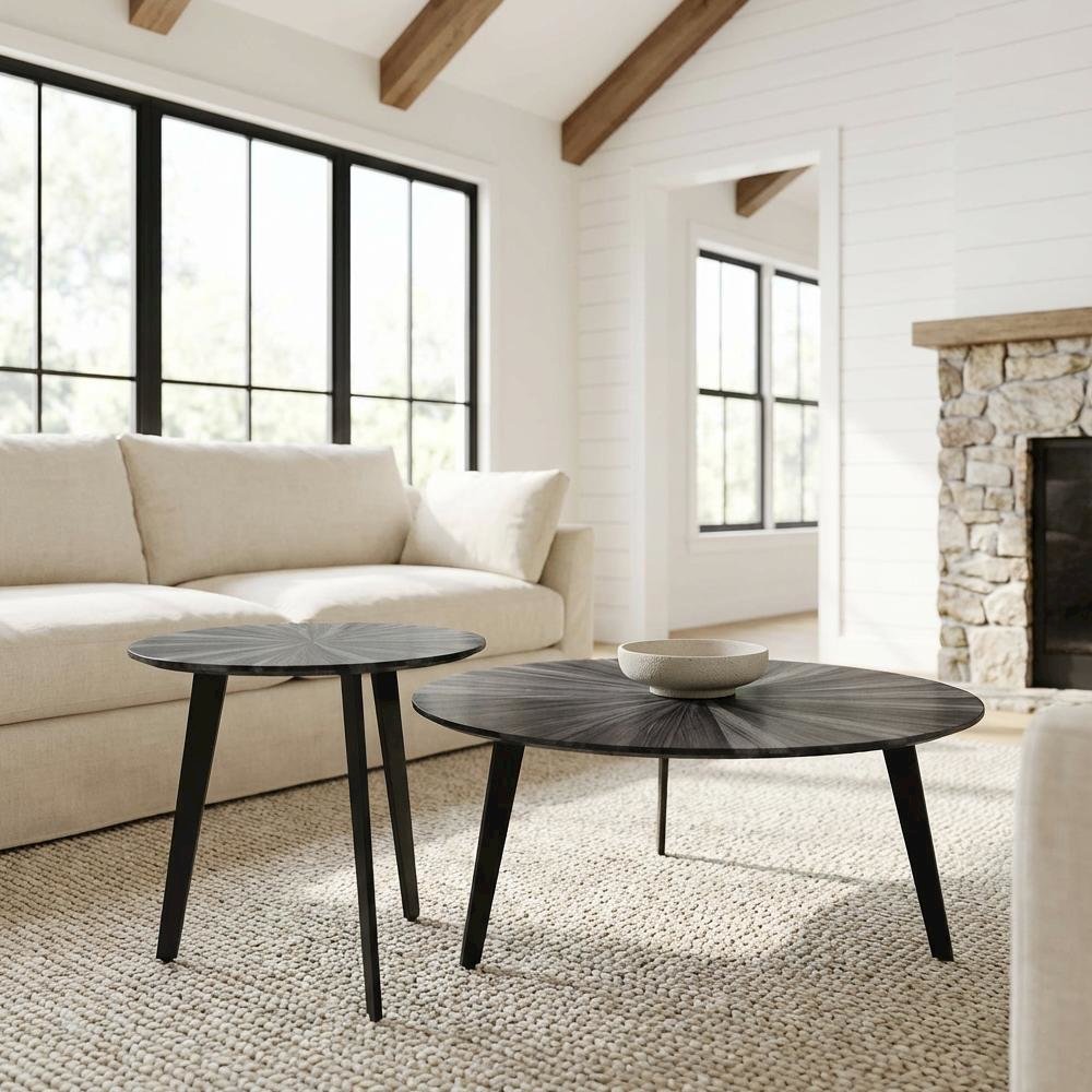Gray Mid-Century Round Coffee Table Set with Tempered Glass Tops, Tripod Legs