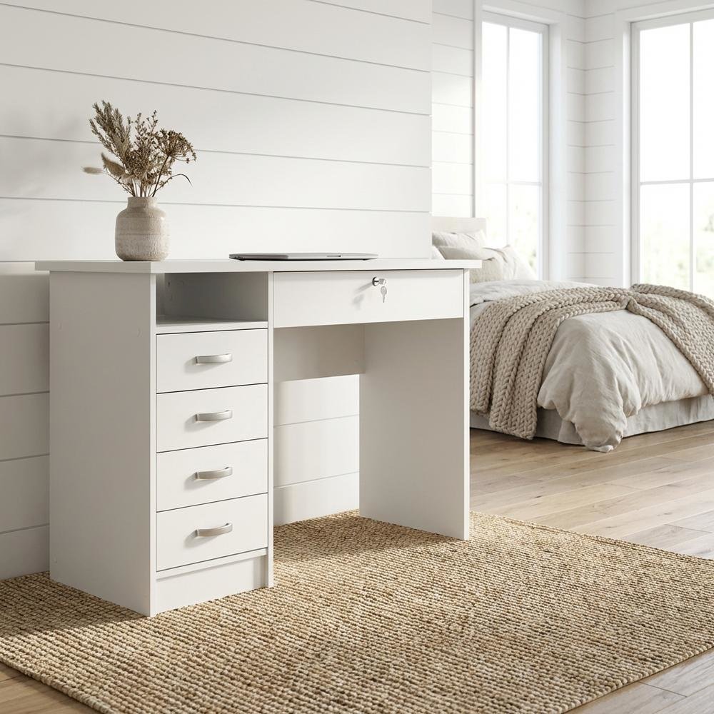 Elegant White Computer Desk Featuring Five Drawers and Open Shelf Design