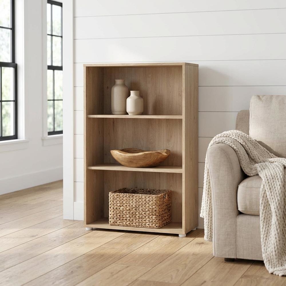 Adjustable 3 Shelf Bookcase with Open Storage and Levelers in Hickory