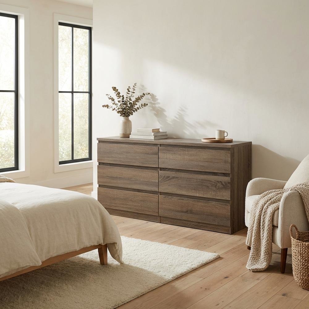 Elegant Truffle Oak Double Dresser with Six Spacious Drawers for Storage