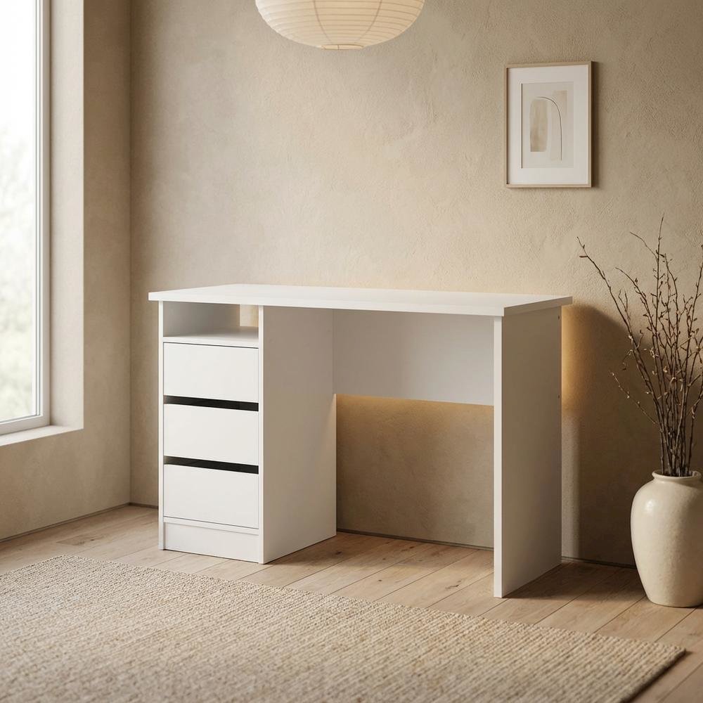 White Computer Desk with 3 Drawers and Open Shelf for Home Office