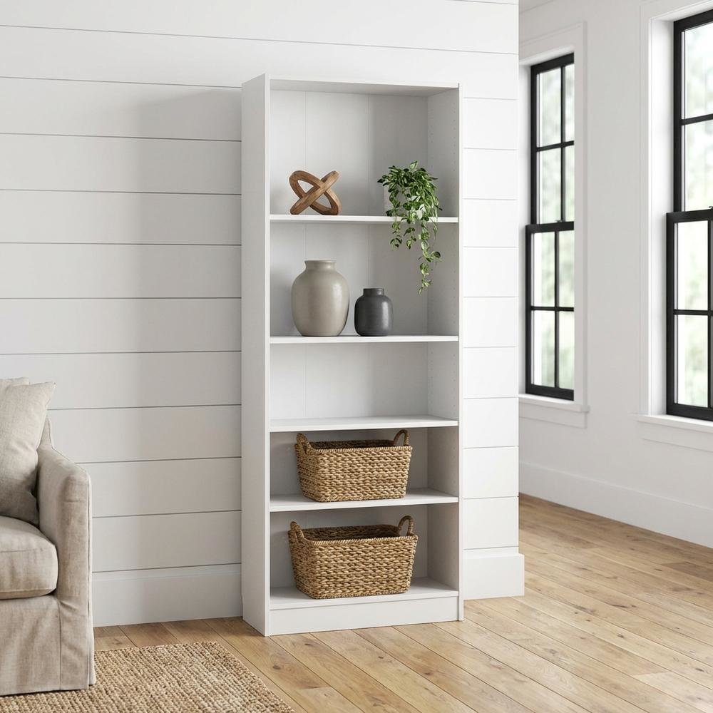 White Tall Wide 5 Shelf Bookcase with Adjustable Shelves and Metal Pulls