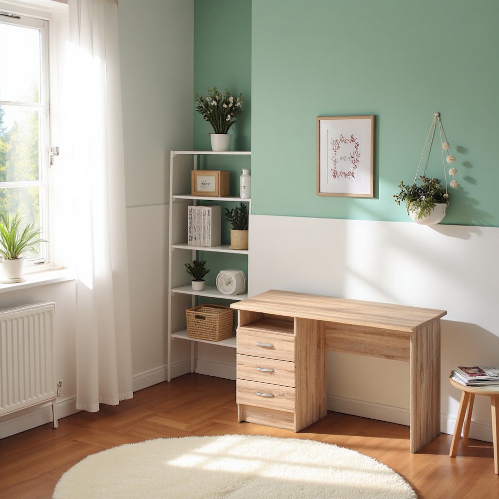 Brown Office Desk with Drawers - Compact Desk with File Cabinet Storage