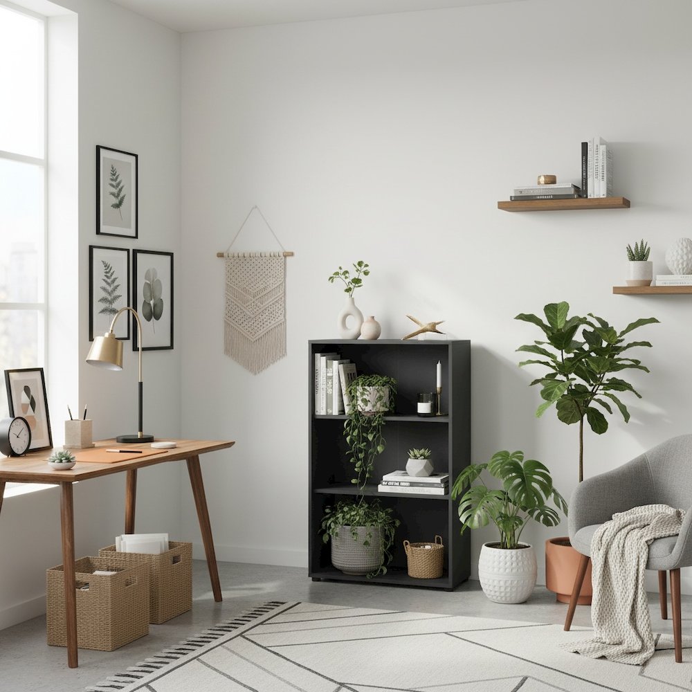 Modern Gray 3-Shelf Bookcase with Adjustable Storage for Home Office