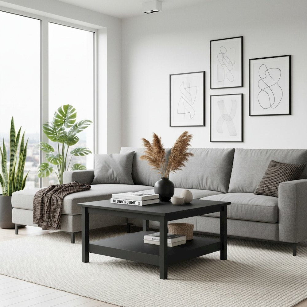 Modern Black Matte Coffee Table with Open Shelf for Living Room
