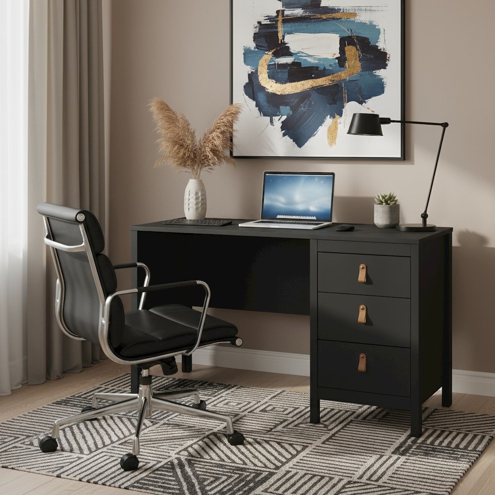 Black Matte Computer Desk with 3 Drawers, Home Office Study Table