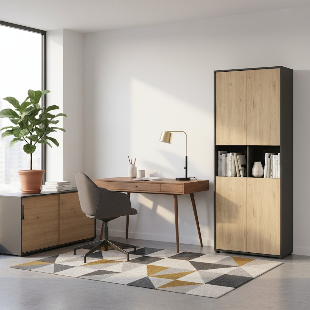 Gray 6-Shelf Bookcase with 4 Doors and Adjustable Storage Shelves