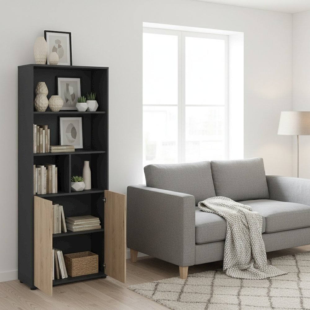 Gray 6-Shelf Bookshelf with 2 Doors for Office, Bedroom, or Living Room