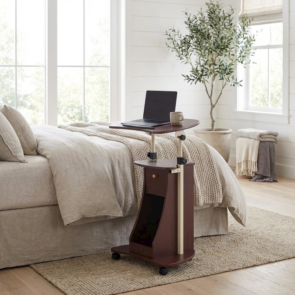 Chocolate Rolling Adjustable Laptop Cart, Storage For Office Workspace