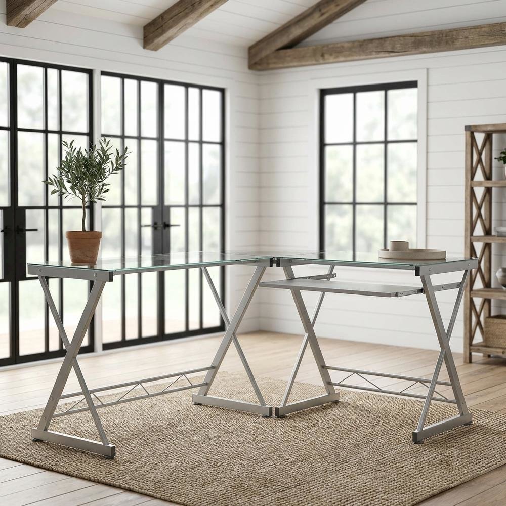 L-Shaped Clear Glass Top Computer Desk, Pull-Out Keyboard Shelf And Cpu Caddy