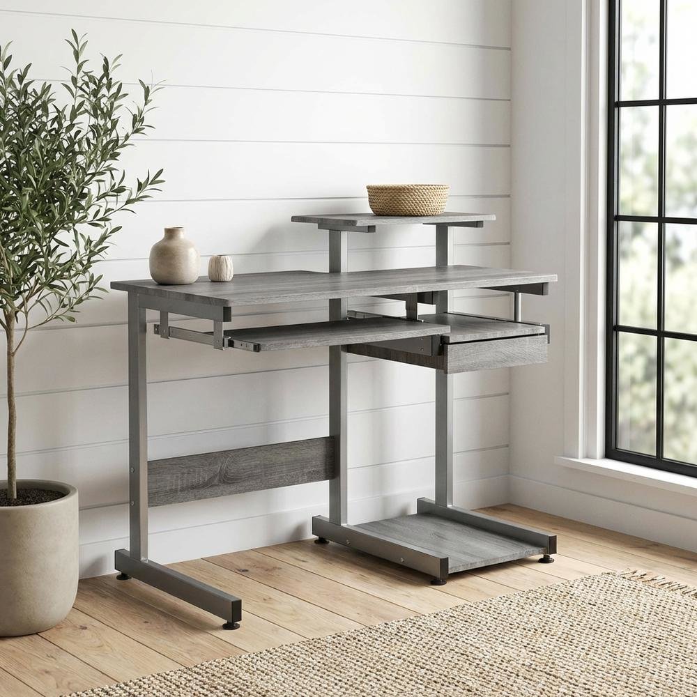 Gray Complete Computer Workstation, Sturdy Steel Frame And Mdf Panel For Office