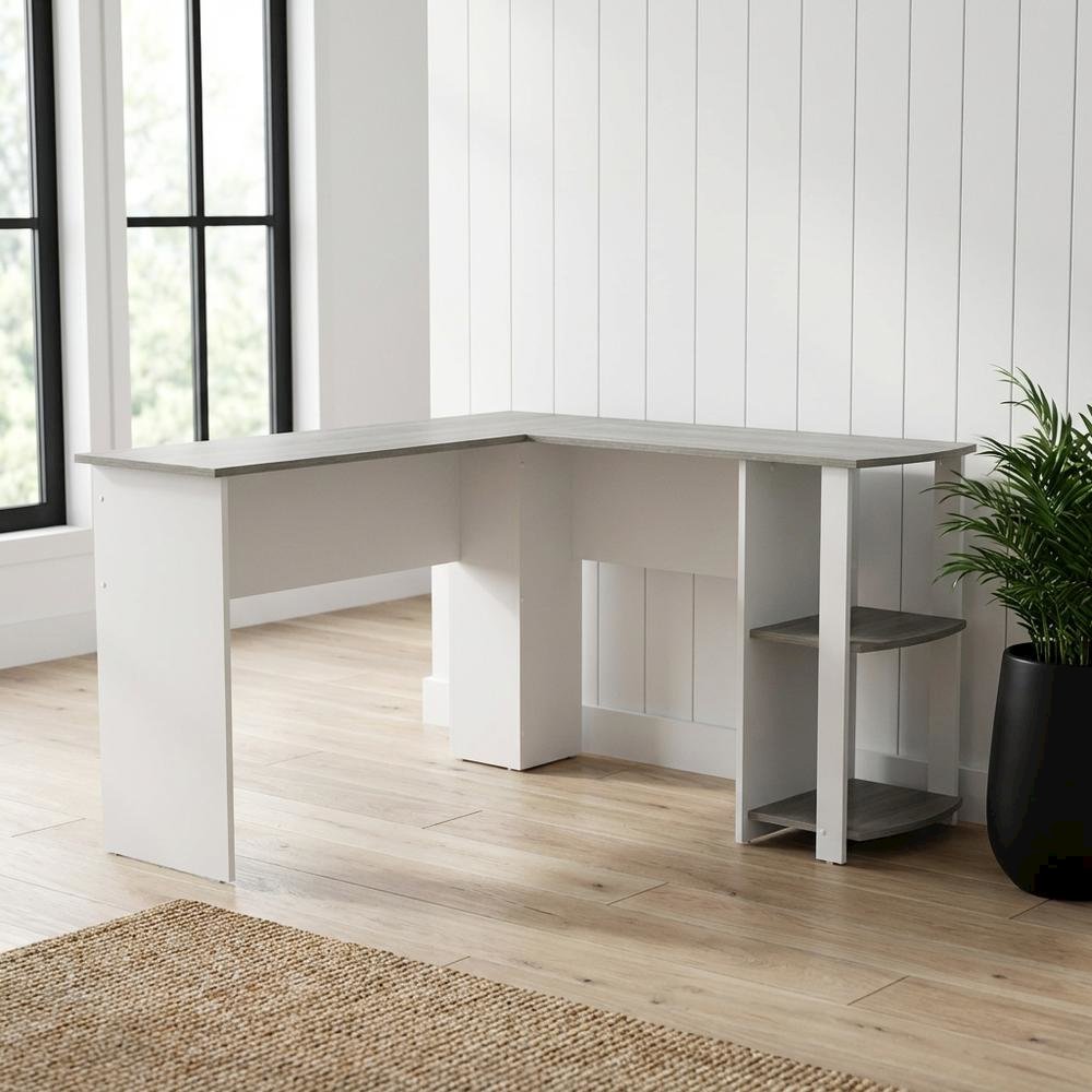 Modern Grey L-Shaped Desk with Side Shelves for Home Office Workspace