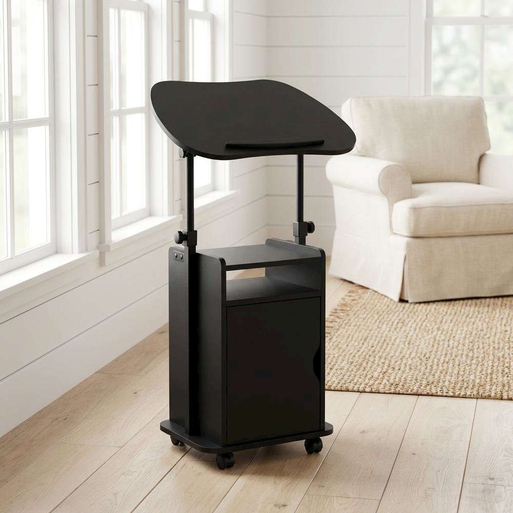 Adjustable Black Laptop Cart With Storage For Ergonomic Workspace Setup