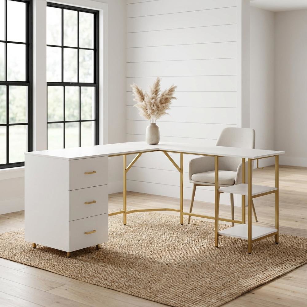 Two-Tone Desk With Storage In Gold For Office Workspace, Modern Design