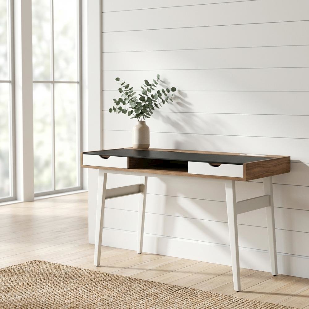 Walnut Compact Computer Desk with Storage and Tempered Glass Top