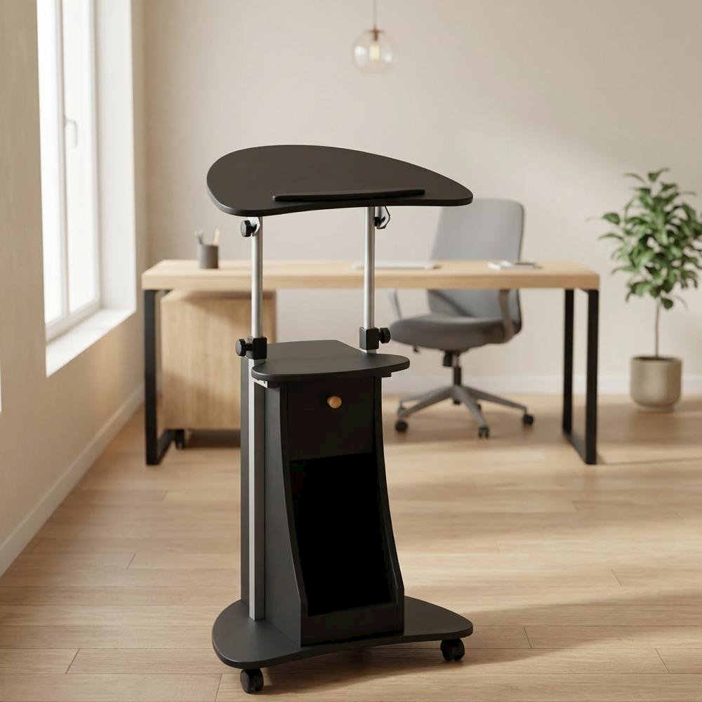 Black Rolling Adjustable Laptop Cart with Storage and Keyboard Shelf
