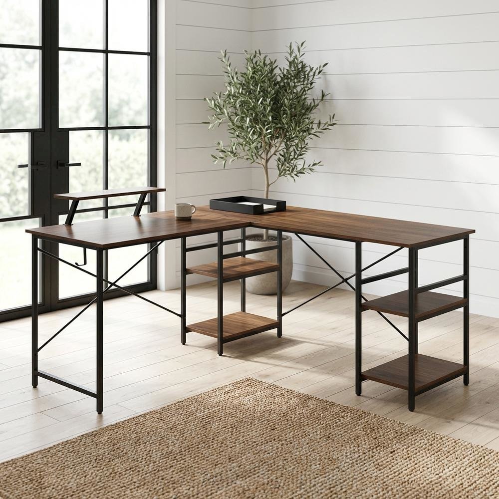 Wooden Office Desk With Storage Shelves And Brown Finish