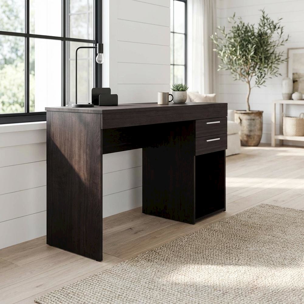 Modern white home office desk with storage, sturdy, spacious workspace