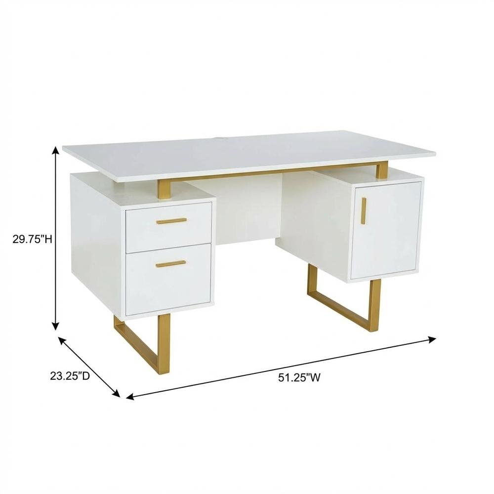 White And Gold Office Desk With Drawers And Storage Compartments