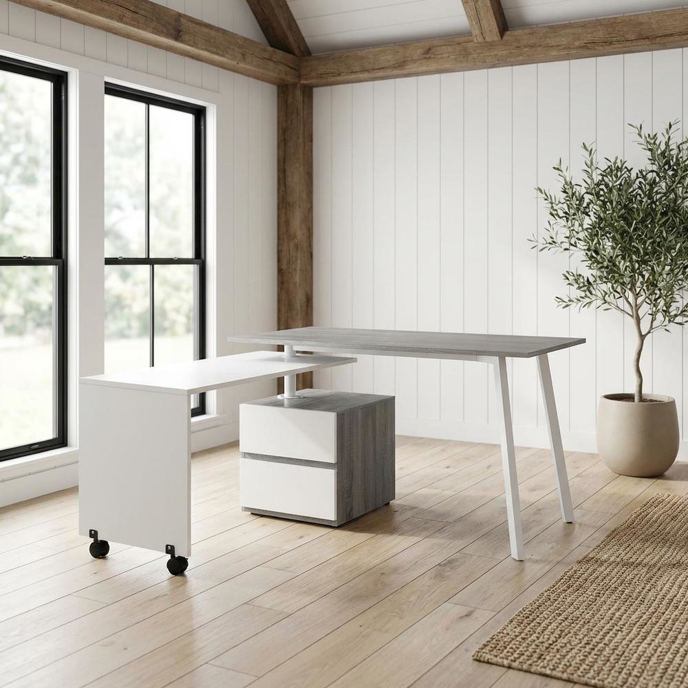 Gray rotating multi-position modern desk for computer workstations, MDF surface