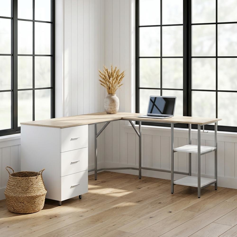 Two-Tone Desk, Storage, Sand Finish Modern Workstation, Drawer And Shelf