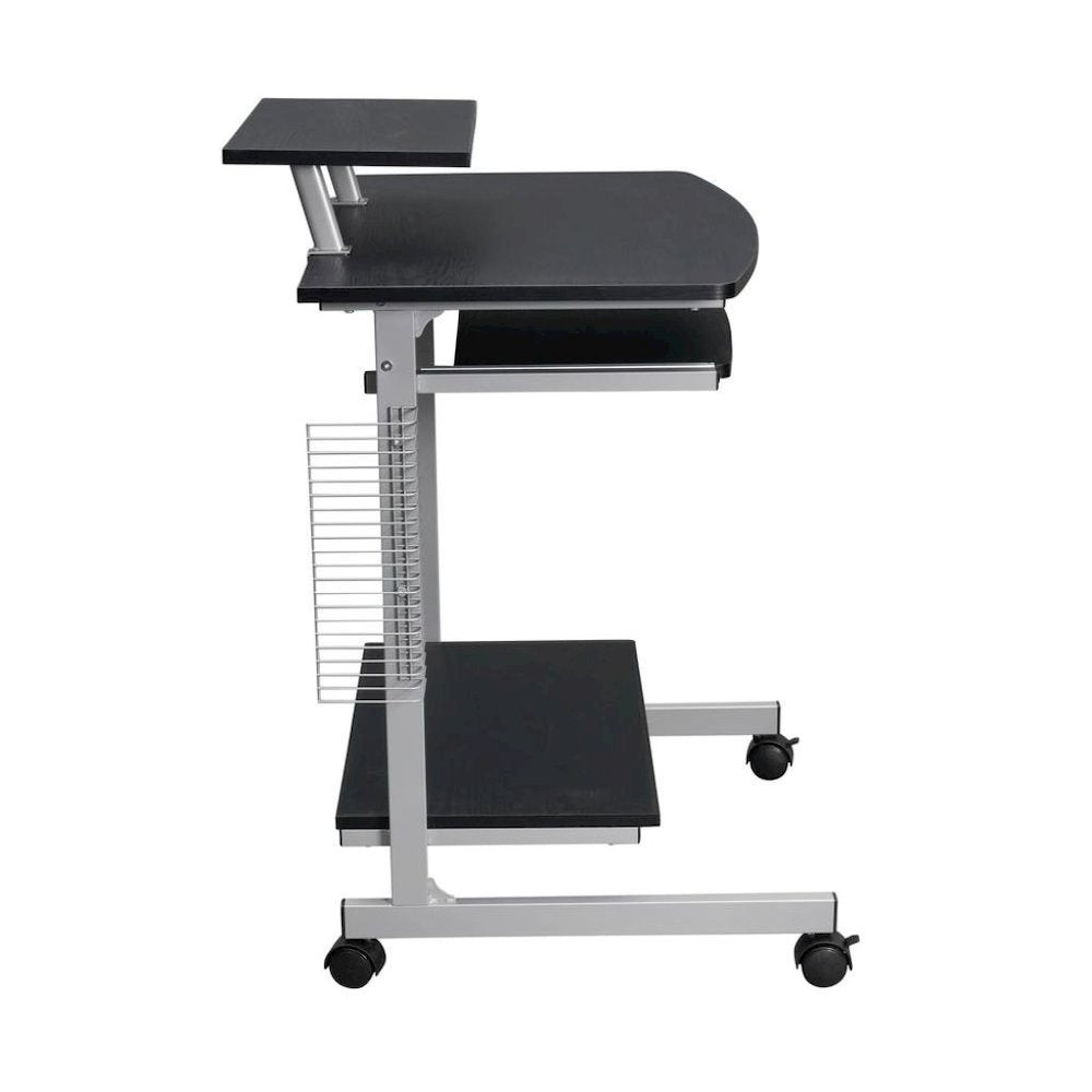 Brown Portable Computer Cart With Keyboard Shelf, Media Rack And Wheels
