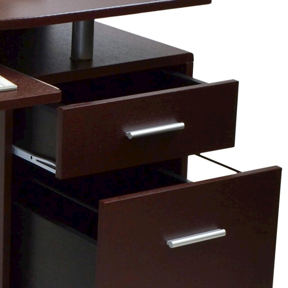 Chocolate Brown Wood Desk With 2 Drawers, CPU Shelf, Home Office Desk