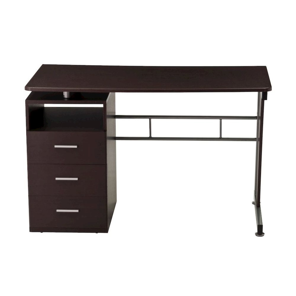 Brown Wood Desk With Storage And 3 Drawers, Office Table With Steel Frame Design