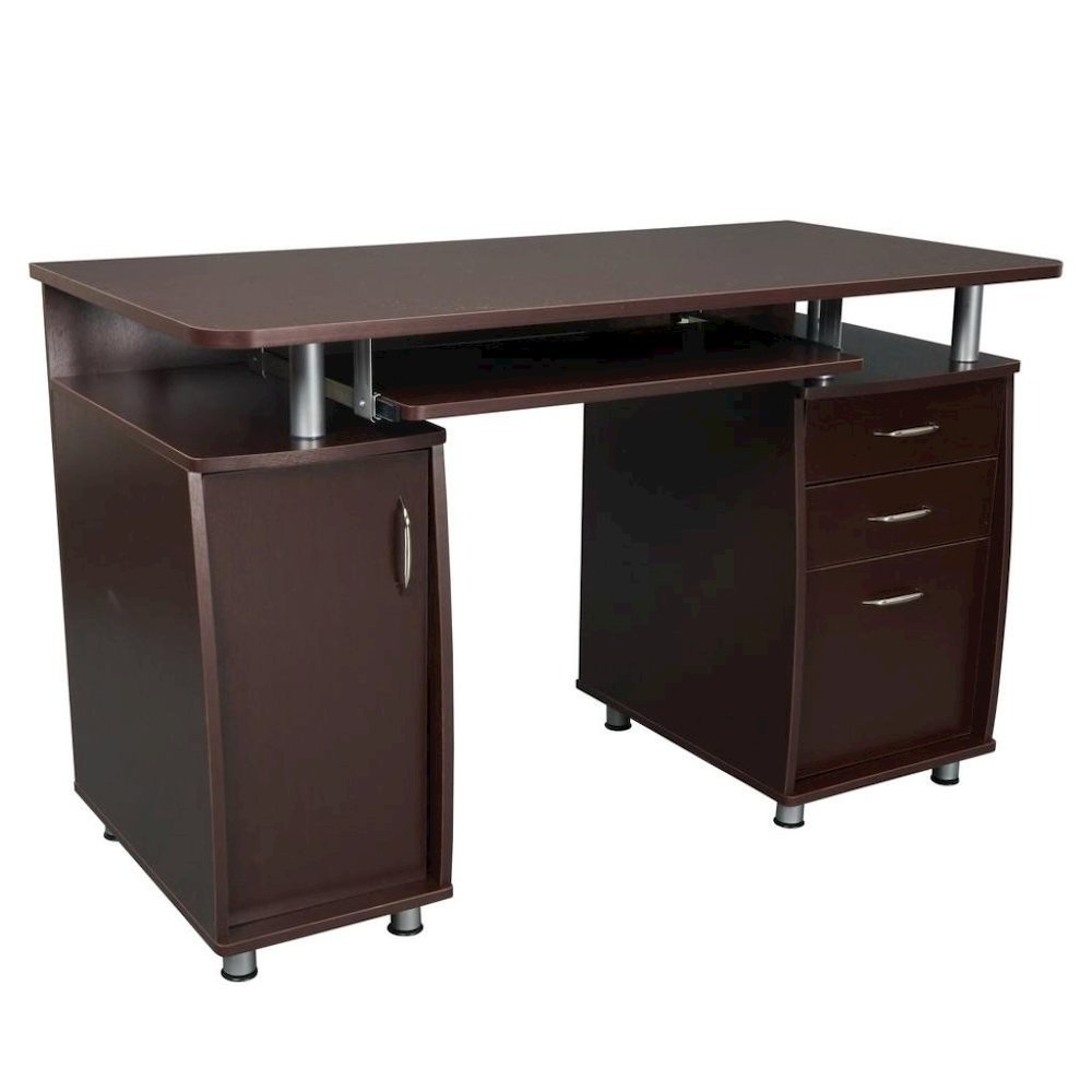 Brown Home Office Desk with Storage 2 Drawers, Keyboard Shelf, 2 Cabinets