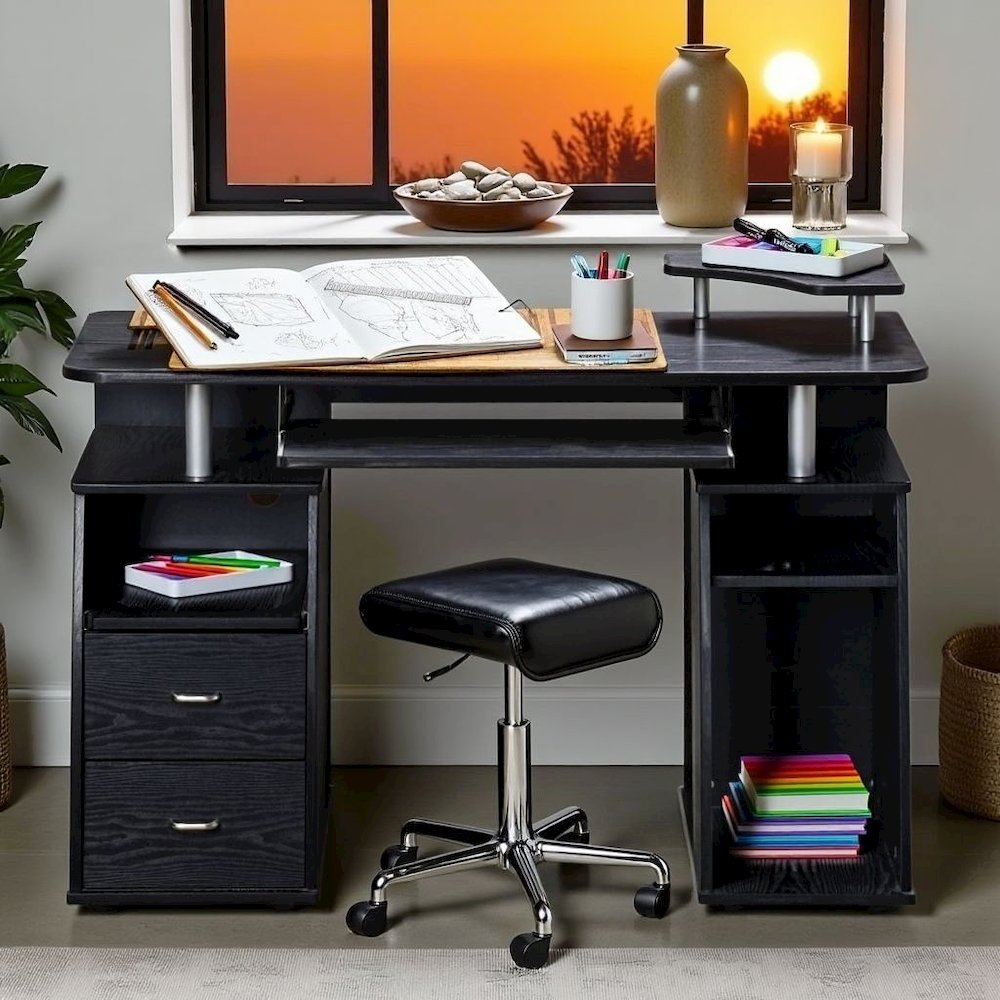 Brown Office Desk with Storage, Writing Wood Desk with 2 Drawers, Shelves