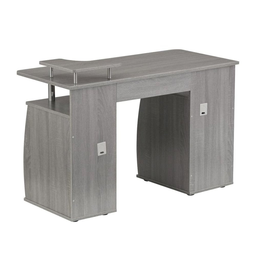 Gray Office Desk with Storage, Writing Wood Desk with 2 Drawers, Shelves