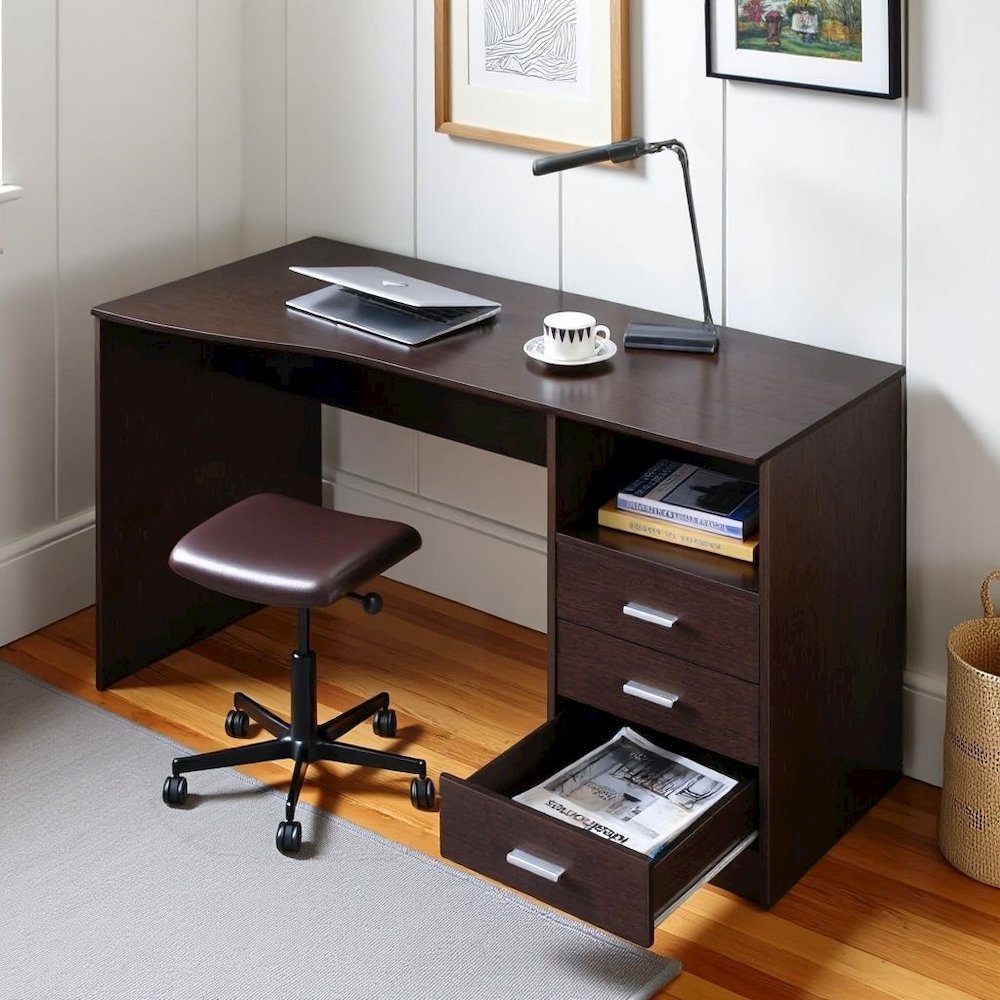 Brown Wood Desk With 3 Storage Drawers And Shelf, Home Office Writing Table