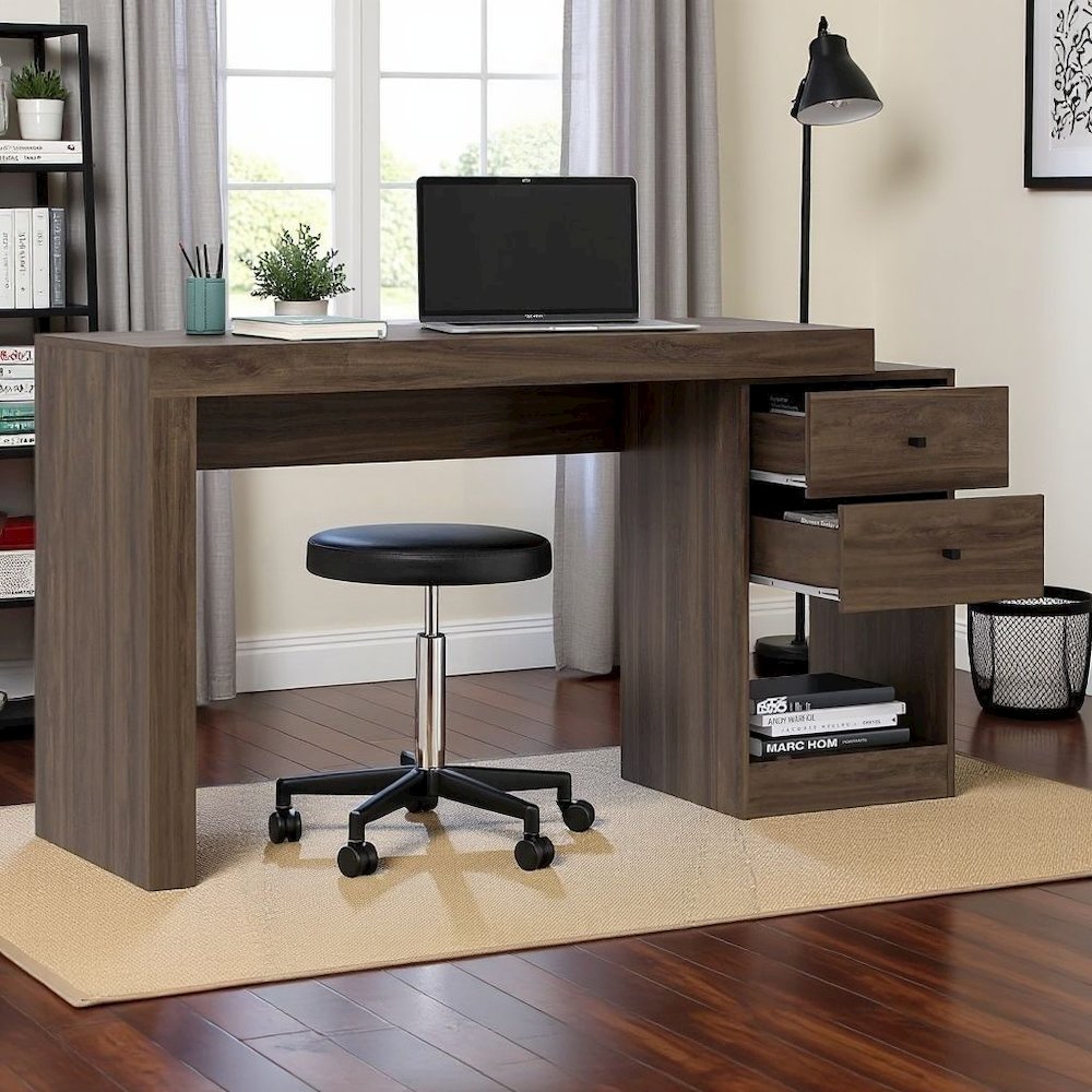 Brown Desk with Storage, Office Desk with 2 Drawers, 1 Shelf, Expandable Top