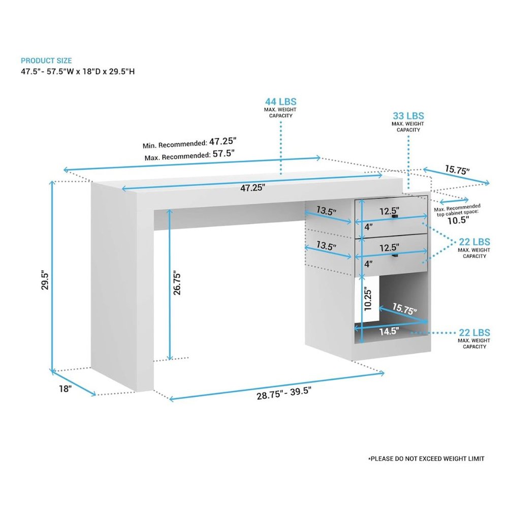 White Desk with Storage, Office Desk with 2 Drawers, 1 Shelf, Expandable Top