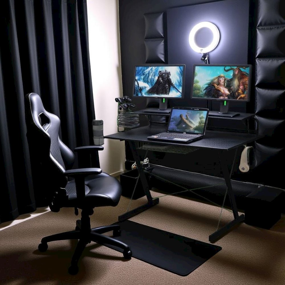 Black Gaming Table With Storage Tray, CD Rack, Cup Holder, For Game Room Use