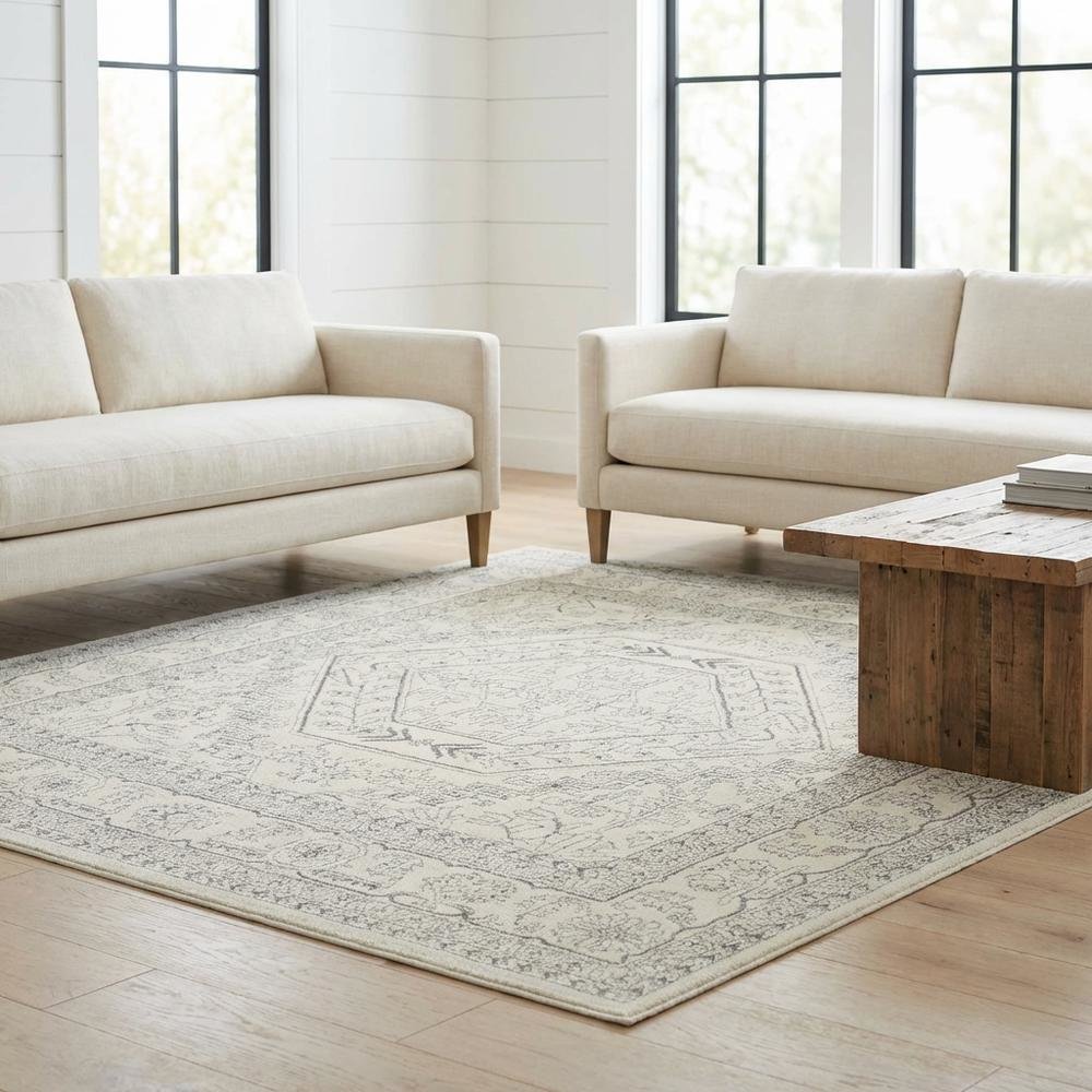 Ivory and Silver 8-Foot Square Area Rug with Polypropylene Pile, Power Loomed