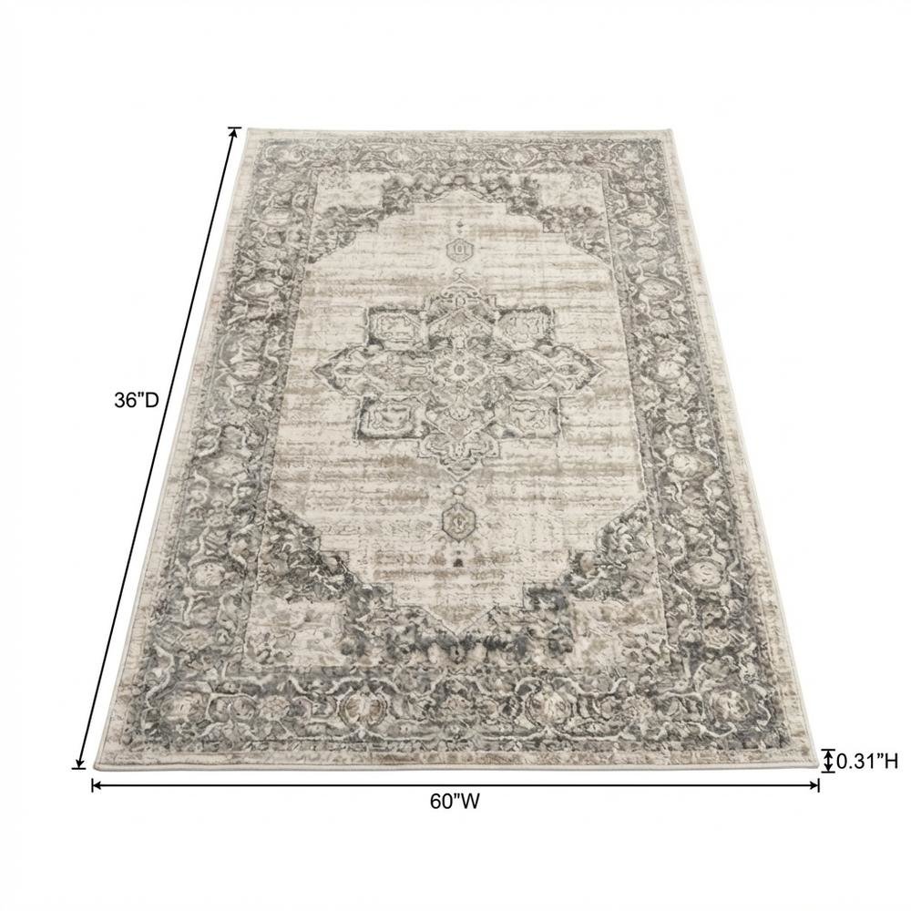 Cream and Grey Area Rug with Power Loomed Small Rectangle Shape
