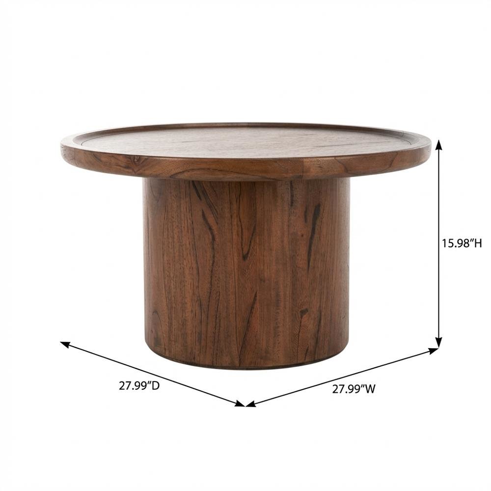 Dark Brown Round Pedestal Coffee Table with Wooden Frame and 40 lb Capacity