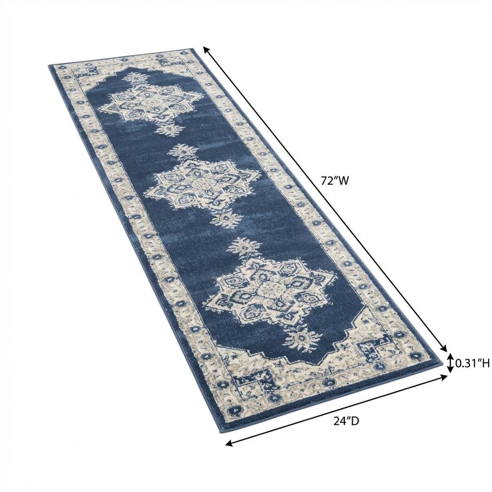 Navy and Creme Area Rug with Power Loomed Backing and Jute Backing, Runner Style