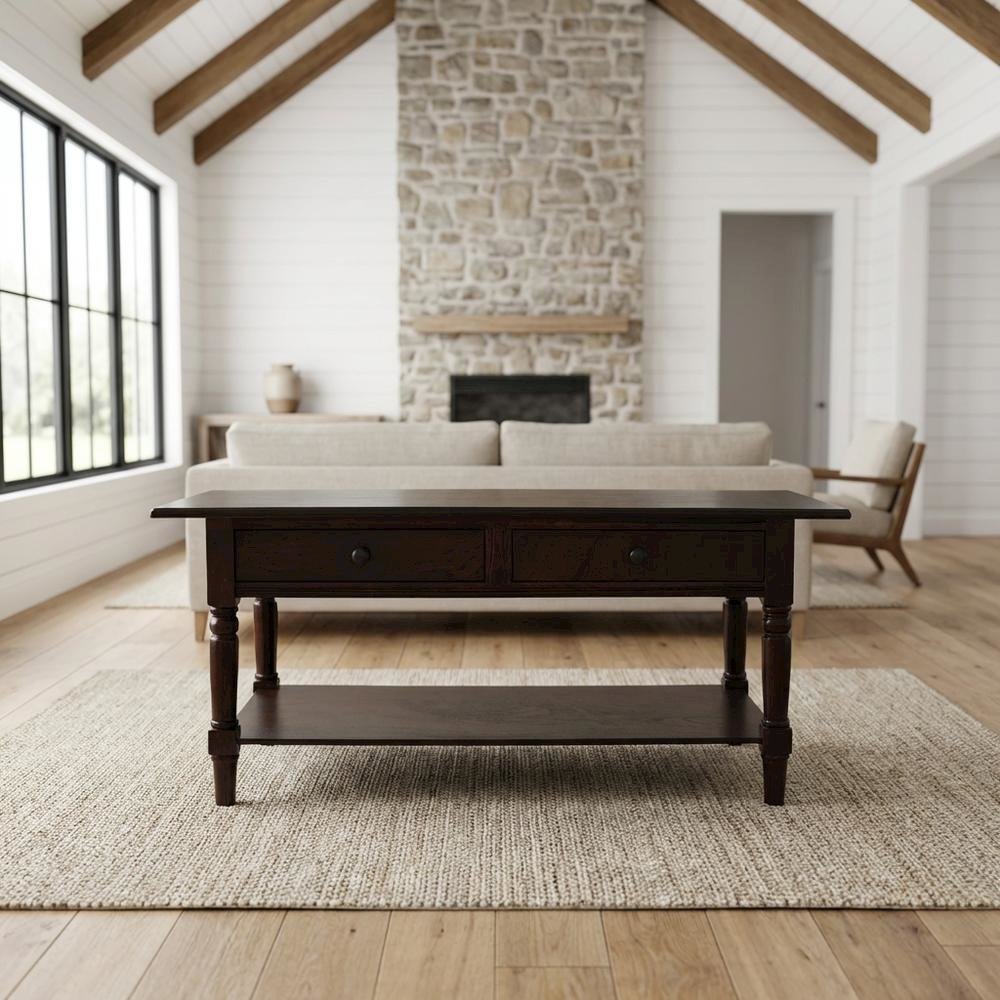 Cherry Wood Coffee Table with 2 Drawers and Shelf Storage
