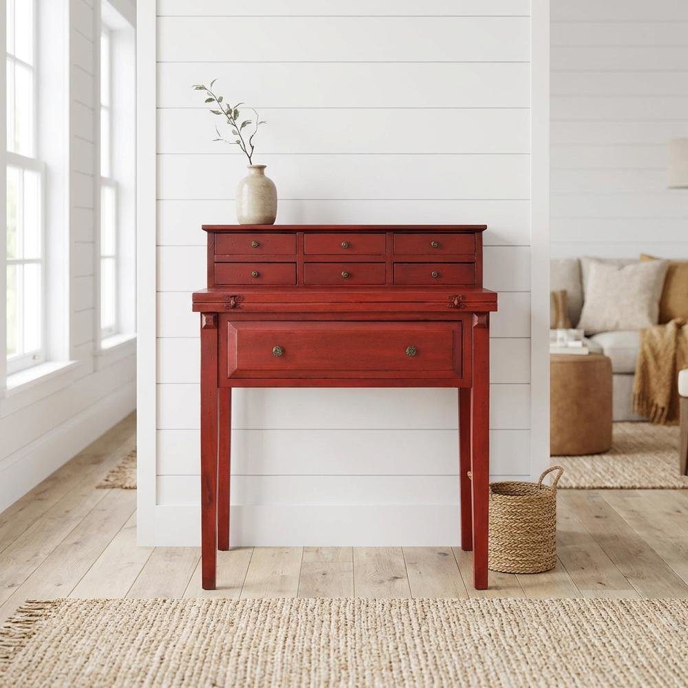 Red Pine Office Desk With 7 Drawers And Pull Shelf