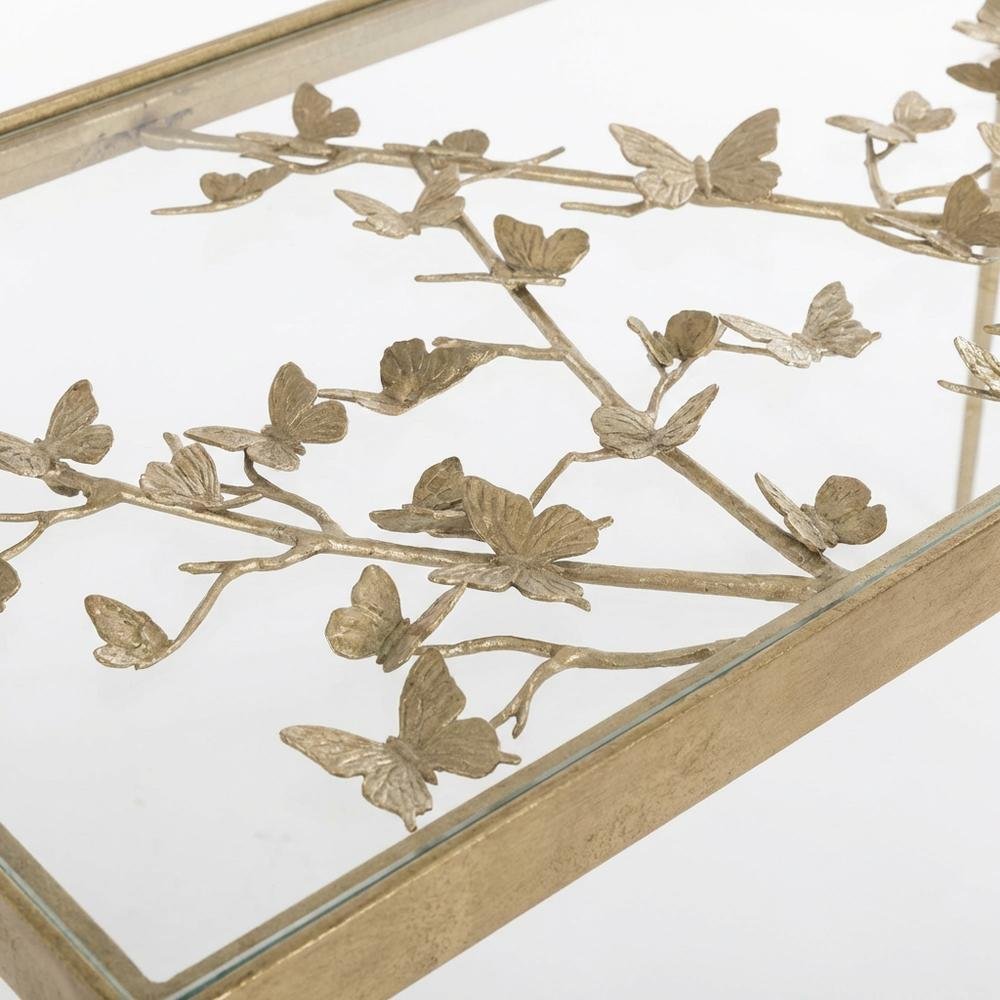 Modern Glass Top Office Desk With Metal Frame And Antique Gold Finish