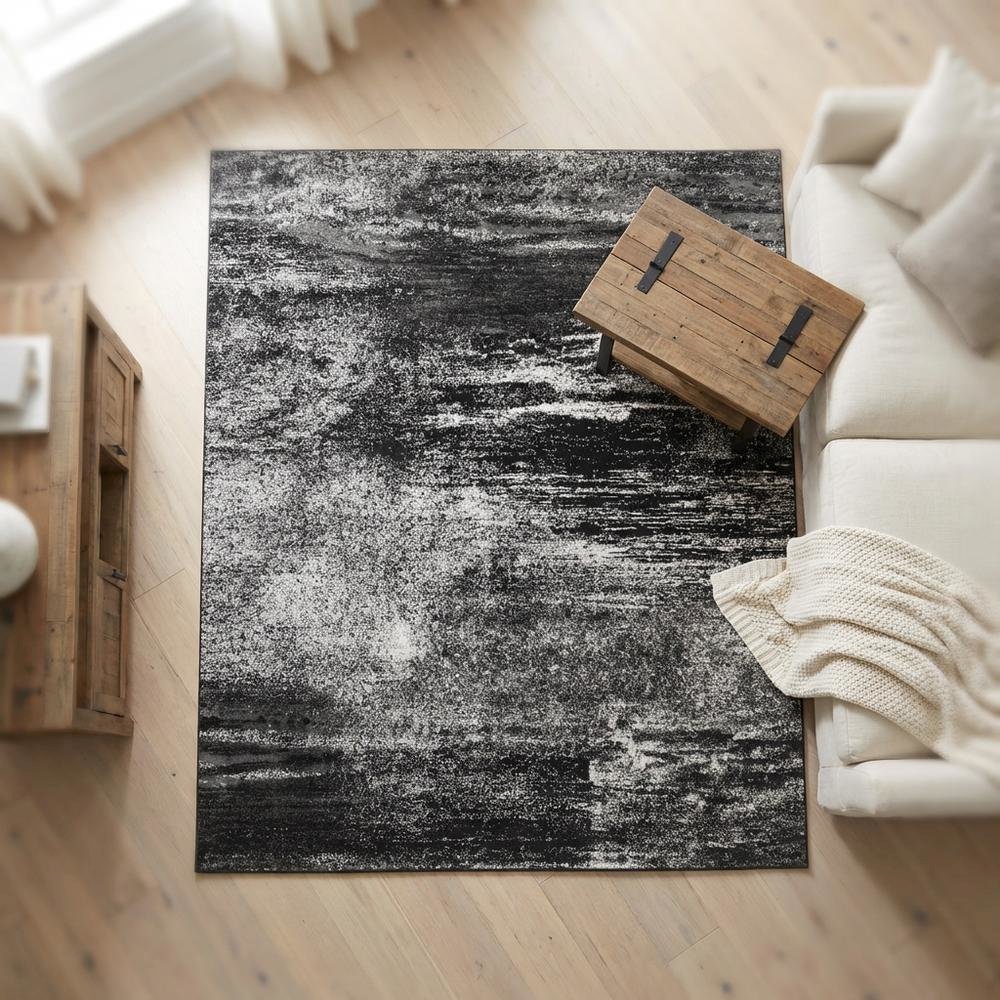 Silver and Black Area Rug with Power Loomed Polypropylene Pile for Living Room